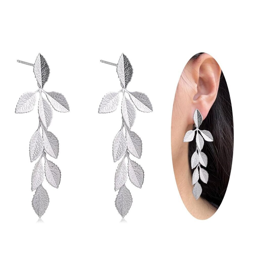 Silver Long Leaf Stud Earrings Handmade Leaf Dangling Earrings for Women Plant E
